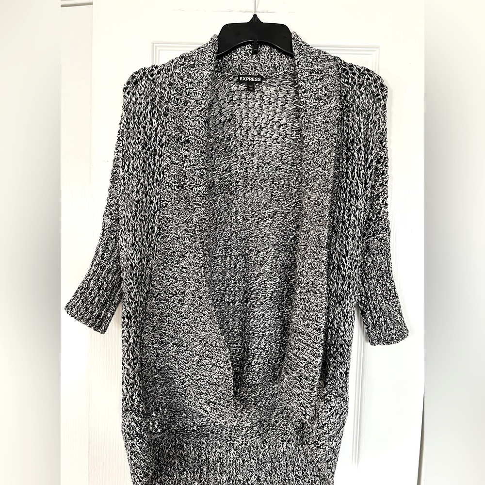 Express Womens Open Front Cardigan Sweater Black White Chunky Knit Size S